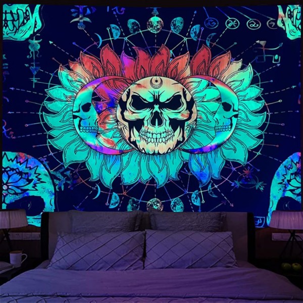 Skull Moon - UV Reactive Tapestry with Wall Hanging Accessories UK