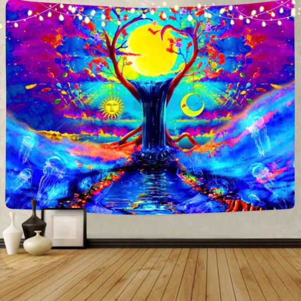 Psychedelic Tree - UV Reactive Tapestry with Wall Hanging Accessories UK